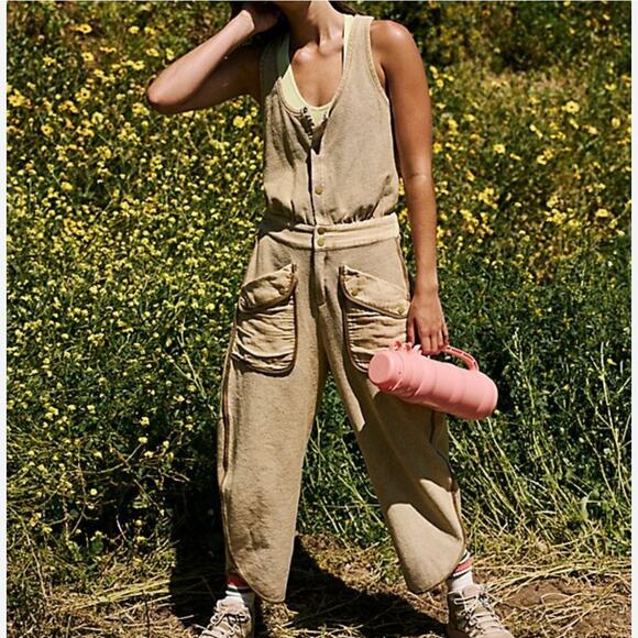 Free People Movement Timko Onesie Overall Matcha Tan Barrel Leg Boho Size Large - Picture 1 of 12